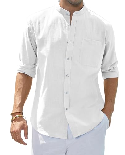 siliteelon Leinenhemd Langarm Stehkragen Herren Hemd Casual Sommer Businesshemd Regular Fit Freizeithemd Beach Leichte Shirt Weiß M