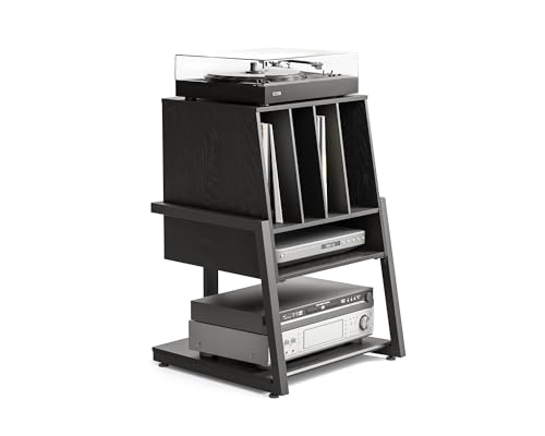 FITUEYES Design Plattenspieler Tisch aus Holz Metall HiFi Rack für Plattenspieler 120 Platten Kompaktanlage Plattenspieler Regal für Wohnzimmer Musikzimmer