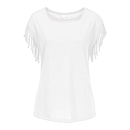 KurzäRmliges Rundhals-T-Shirt FüR Damen Tunika-Oberteile, T-Shirts, Lockere, LäSsige, Leichte T-Shirts Sommer Tops Quasten ÄRmel Bluse (M,Weiß)