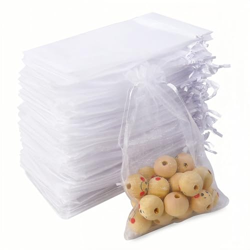 Soodyoow 100 Stück Organzasäckchen, 10x15CM Organza Säckchen Klein, Geschenksäckchen Mit Schnur, Weiß Schmuckbeutel, Lavendelsäckchen-Säckchen für Hochzeit, Geburtstag, Weihnachten