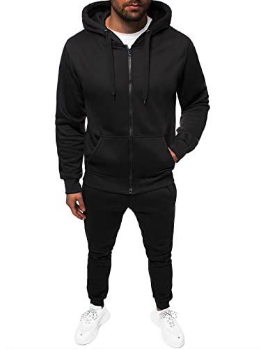 OZONEE Herren 2-Teilig Set Kapuzenpullover + Jogginghose Jogginganzug Sweatjacke Trainingshose Trainingsanzug Sportanzug Freizeitanzug Sport Anzug Tracksuit Fitnessanzug SET/XWJS2008Z/3 SCHWARZ M