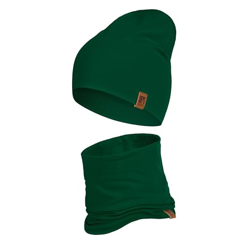 HEYO Kinder Set Beanie Mütze Schlauchschal Baumwolle Rundschal weich Mädchen Jungen Herbst Frühling Frühlinsset Herbstset (Dunkelgrün)