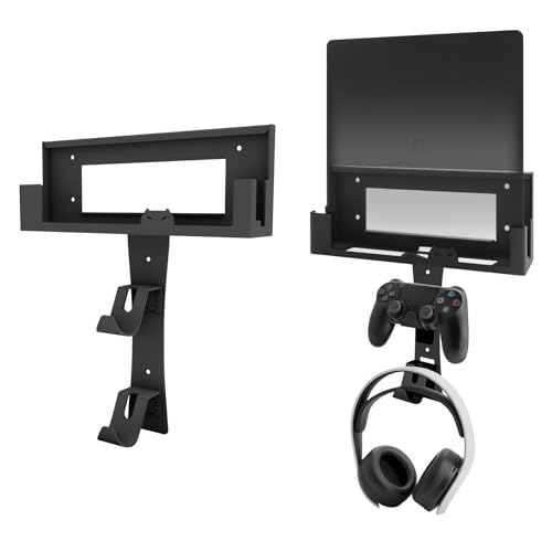 BracNova Wandhalterung für PS4 Slim, Stahl PS4 Slim Mount inkl. abnehmbarer Controller-Halterung und Kopfhörer-Ständer, sichere Aufbewahrung Ihrer PlayStation 4 Slim Konsole in der Nähe oder hinter