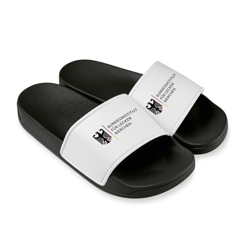Badelatschen lustig Bundesinstitut für lecker Bierchen - Saufi-Letten Badeschuhe Herren Hausschuhe, Schlappen Bier-Latschen Männer (Schwarz-Weiß, EU Schuhgrößensystem, Erwachsene, Numerisch, M, 47)