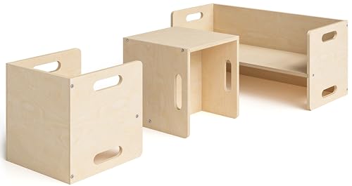 Bellabino Kindersitzgarnitur AKI Kindermöbel Set 3 TLG. Birke Natur, Montessori Wendebank mit 2 Stühlen, multifunktionale Sitzgruppe aus Holz, Kindertisch Kinderstuhl 180 Grad drehbar