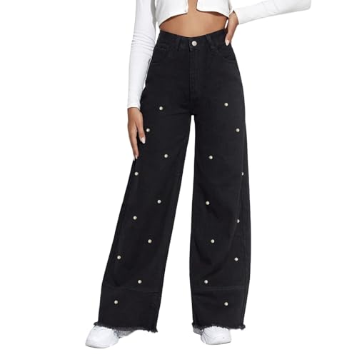 Schlaghose Jeans Frühling Sommer Design Sinn Der Perle Hosen Schwarz Burlap Spleißen Fransen Weites Bein Jeansfür Zusammenkünfte Gesellschaftliche Aktivitäten Jeans mit Strasssteinen (Black, S)