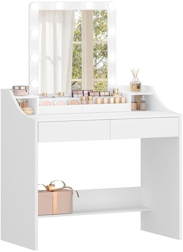 Hzuaneri Schminktisch mit LED-Beleuchtung, Einstellbare Helligkeit, Schminktisch mit Spiegel, mit 2 Schubladen und 3 Offenen Fächern, Modern, Weiß DT39503X