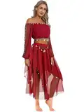 Yruioon Damen Bauchtanz Kostüm Set Langarm Crop Tops mit Chiffon Rock Bauchtanz Kleid Bauchtänzerin Indische Tanzkleidung Rot Einheitsgröße