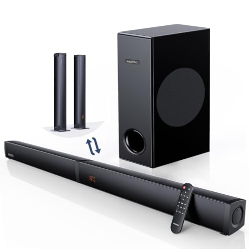 MEREDO 180W Abnehmbare 2-in-1-Soundbar für tv geräte 2.1 Soundbar mit Subwoofer (ARC Kabel) 5 Modi EQ Höhen & Bässe einstellbar Optisch,BT 5.0,AUX,12L tiefer Baß für Heimkino–Schlank/94cm