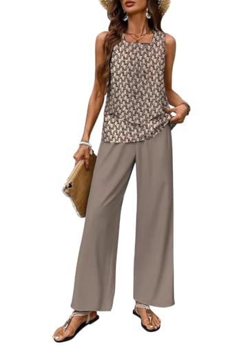 shownicer 2 Teiler Zweiteiler Damen Elegant Ärmelloses Tank Top und Hose Trainingsanzug Freizeitanzug Leicht Einfarbig Loungewear A Kaffee M