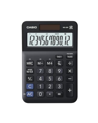 Casio Tischrechner MS-20F, 12-stellig, Steuerberechnung, Währungsumrechnung, Vorzeichenwechsel, Solar/Batteriebetrieb