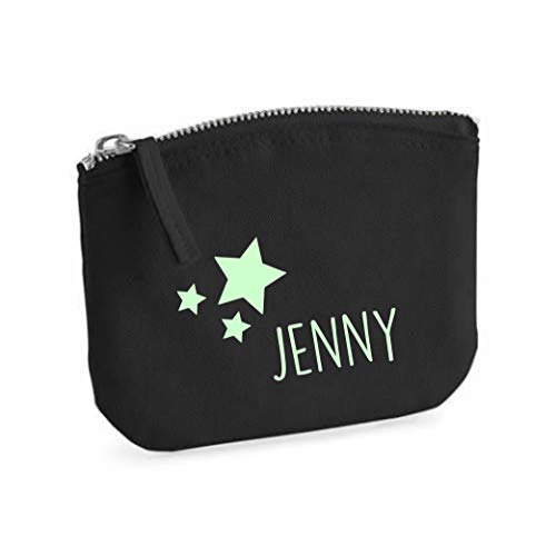 minimutz Schminktasche für Mädchen | personalisiert mit Namensdruck & Sterne | kleine Kosmetiktasche für Kinder inkl. Name | Make-up Täschchen mit Reißverschluss | Abmessungen: S (14 x 11 cm) schwarz