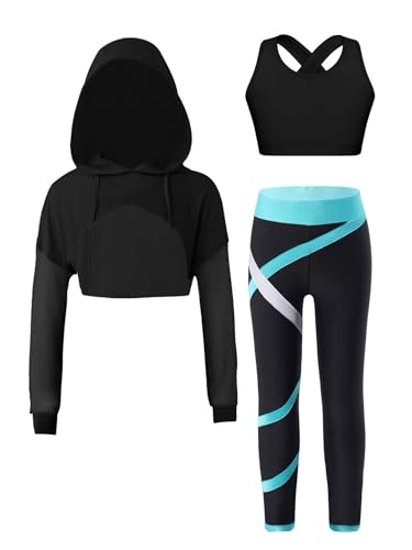 FEESHOW Kinder Trainingsanzug Mädchen Sport BH Und Leggings Set Mit Hoodie Kinder Workout Sport Outfit Jazz Dance Tanzkleidung Hip Hop Kleidung Blaugrün_A 134-140