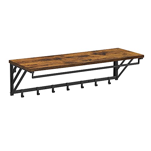 ACAZA Garderobenständer zum Aufhängen mit Regal für Pflanzen, Schlüssel oder Schals, Kleiderhaken mit 7 Haken und Stange für Kleiderbügel, industriell, Braun/Schwarz