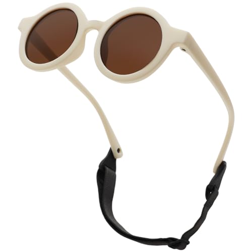 LOJUDI Baby Sonnenbrille 0-24 Monate, Polarisierte mit Riemen Verstellbar Weicher Silikonrahmen Rund Kinder UV400 Schutz Sonnenbrille Baby für 0-2 Jahre - Weiß Rahmen