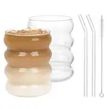 Winter Shore 410 ml Gerippte Gläser mit Glas Strohhalm [2er-Pack] - Einzigartige Gewellte Gläser für Tee, Bier, Limonade, Wasser - BPA-Freies Iced Coffee Glas - Inklusive Strohhalm Reinigungsbürste