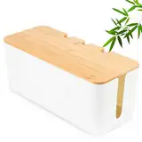 Kabelbox, Kabelmanagement Box, Kabel Organizer Box mit Holzdeckel, Große, Mittelgroß und Kleine Kabelmanagement Box Adapter, Steckerleisten, Kabel Verstecken Box Weiß (S=23.5 * 11.5 * 12cm)