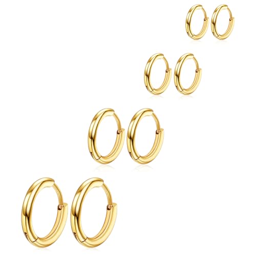 4 Paar Creolen Ohrringe Für Männer Damen Gold 316L Chirurgenstahl Creolen Ohrschmuck Set Rund Ohrringe Snug Knorpel Herren Hypoallergene Ohrringe Nase Lippen Ringe (8/10/12/14 mm)