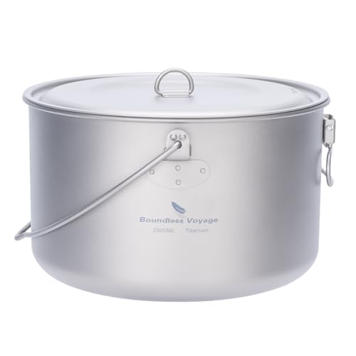 iBasingo 2.9L Titan Hängender Topf mit Großer Kapazität Camping Schüssel Leichte Outdoor Kochgeschirr Koch Mess Kit mit Klappgriff Küchen Utensilien für den Außenbereich für 1-4 Personen Ti2045C