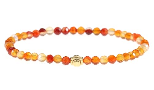LAKADA Echtes Karneol Edelstein Armband mit facettierten 4mm Perlen und Edelstahlblüte Heilstein Schutzstein Edelsteinarmband Glücksbringer Talisman Geschenk (Karneol, G., 18CM)