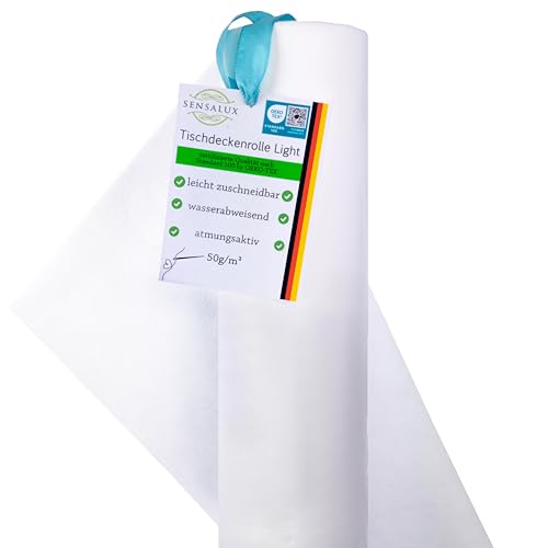 Sensalux Light Tischdeckenrolle, Oeko-TEX ® 100 - Made in Germany - 25m lang (Farbe nach Wahl), weiß, 1,10m x 25m, stoffähnliches Vlies, ideal für Jede Party, Vereinsfeier, Geburtstagsfeier