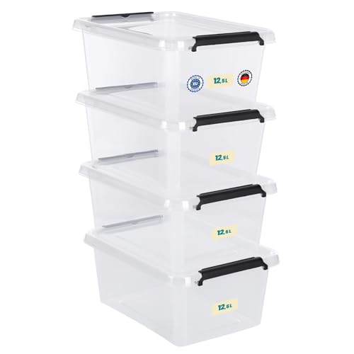 astor24 Aufbewahrungsbox mit Deckel - 4x 12.5 L - transparent Organizer - lebensmittelecht - stapelbar. Ideal für Büro, Kinderzimmer, Kleiderboxen -Plastikbox für Küche - Werkstatt