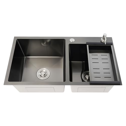 EinbauspüLe Doppelwaschbecken SpüLe 2Becken SpüLbecken KüChenspüLe Edelstahl Set Doppelbecken Mit AbtropffläChe Seifenspender Chensp Lbecken Einbausp Doppelsp Abtropffl Schwarz 78 * 43 * 22.5Cm