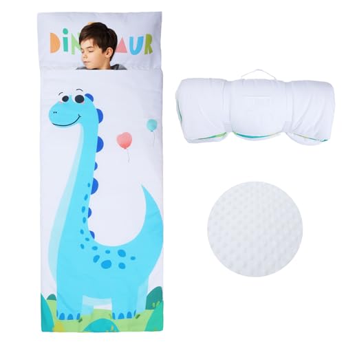 Dinosaurier Schlafsack Kinder Doppelter Reißverschluss Weich Warm, Faltbare Kinderschlafsack mit Kissen Abnehmbar für Mädchen Jungen, Leicht Reinigen Schlafsack für Outdoor Indoor Camping, 150×60cm