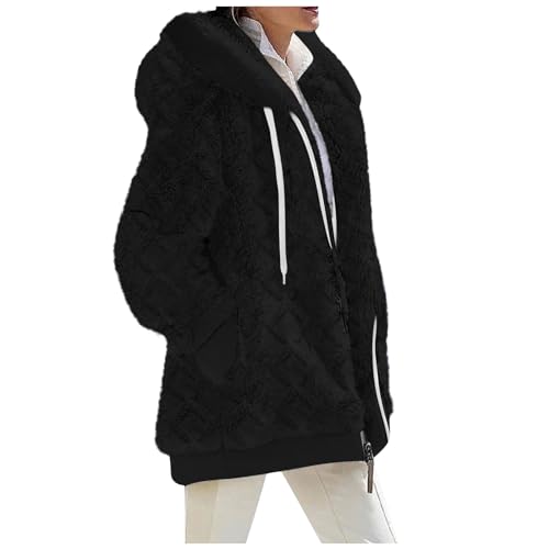 Damen Fleecejacke, Dicke Gefüttert Teddyfleece Jacke Teddyjacke Flauschig Plüschjacke Herbstjacke mit Kapuze und Taschen Reißverschluss Elegant Kuscheljacke Winterjacke Kuschel Jacke (grau,XXL)