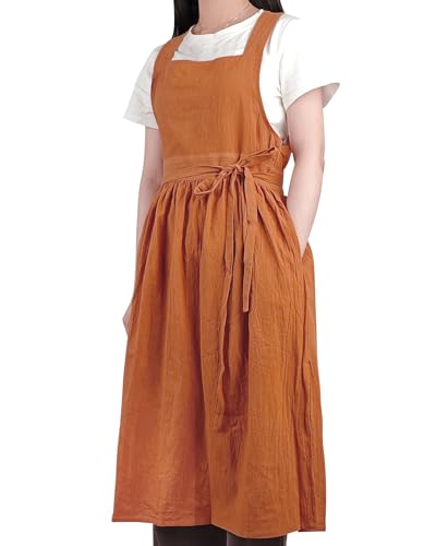 Small snail Weiche Schürze aus Baumwolle Japanischer Stil Frauen Schürze Beidseitig Tragbare Schürzen mit Tasche für Blumenladen Cafe Handwerken Backen Lässige Einfarbige Schürzen