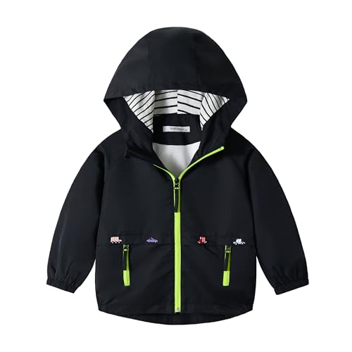 Volunboy Baby Kapuzen Jackets, Jungen Langarm Winddicht Mantel Cartoon Aufdruck Jacken(3-4 Jahre,Schwarz,Größe 110)