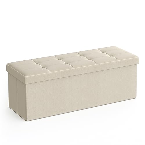 SONGMICS 110 cm Sitzbank mit Stauraum, klappbare Sitztruhe, Aufbewahrungsbox, Fußbank, beige LSF77BE