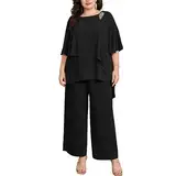 Hanna Nikole Hosenanzug Damen Große Größen Zweiteiler Fledermausärmel Cape-Ärmel Strass Lose Rundhals Chiffon Shirt Hohe Taille Elegant Hohe Taille Lange Hose Schwarz 46