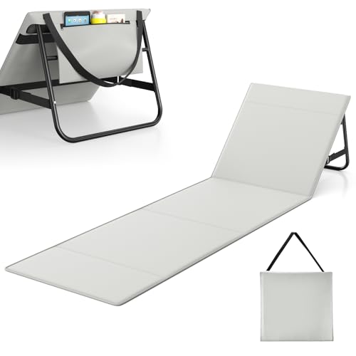 Strandmatte Klappbar 180 X 55cm mit Verstellbarer Rückenlehne, Sonnenliege zum Sonnenbaden mit Rückenlehnenstütze für Urlaub Garten Camping Park und Festivals (Hellgrau, 1PCS)
