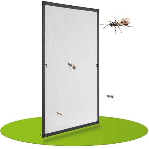 Juskys Fliegengitter für Fenster mit Alu Rahmen 100 x 120 cm - Montage ohne Bohren - zum Einhängen - Insektenschutz Mückenschutz Fliegenschutzgitter - grau