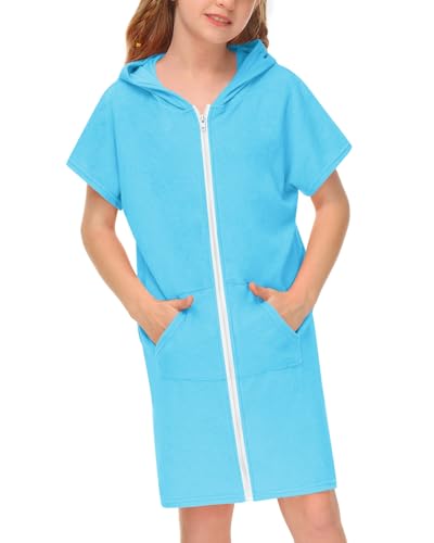 BesserBay Mädchen Badeponcho Kinder Unisex Badeponcho Reißverschluss Taschen mit Kapuze Surf Poncho Blau 120