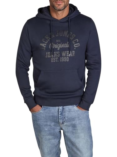 JACK & JONES Hoodie Herren Regular Fit JJEADRIAN Kapuzenpullover Pullover Sweater Print Blau XL, Größe:XL, Farbe:Navy Blazer