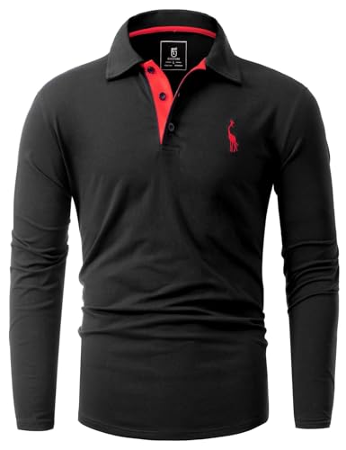 GLESTORE Poloshirts für Herren Langarm Männer Poloshirt Mit Kragen Polo Hemd Langarmshirt Schwarz 3XL