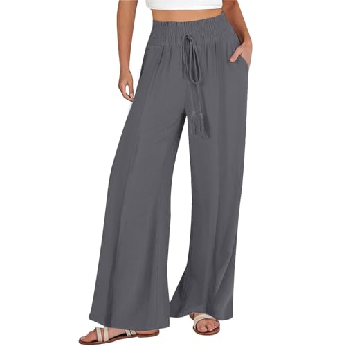 Damenhose mit Stretch-Taille, lässig, Outdoor, mit Tasche, Leinenhose, Sommer, weites Bein, Kordelzug, elastische Taille, hohe Taille, lässige Strandhose, Damen-Trainingshose mit Tasche, dunkelgrau, S