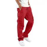 Herren Leinenhose Jogger Cargo Pants Combat, Hose Arbeitshose Elastische Taille Sporthose Freizeithose Wanderhose (Rot, M)