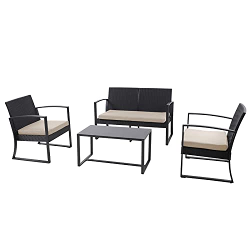 SVITA LOIS XL Poly Rattan Sitzgruppe Gartenmöbel Metall-Garnitur Balkonmöbel Tisch Sessel Schwarz