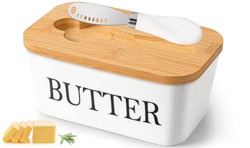 Butterdose mit Holzdeckel, Butterdose Keramik mit Buttermesser, Multifunktion Butterdose Porzellan, 250 g Butter Dish, Butterglocke, Butterbox