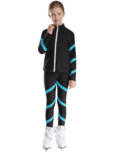 Freebily Kinder Mädchen Eiskunstlauf Anzug Jacke Hose Sport Set Eislaufen Trainingsoutfit Strass Sweatjacke Leggings Performance Tanzkleidung Blaugrün_C 146-152