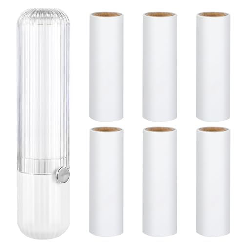 Prasacco 7 Rollen Fusselrolle mit 1 Weiß Abroller und 1 Staubschutz, 13,6 x 3,2 cm Tragbare Haarentferner aus Kunststoff Extra Klebrige Lint Roller für Kleidung Sofas Betten Teppiche (30 Blatt/Rollen)