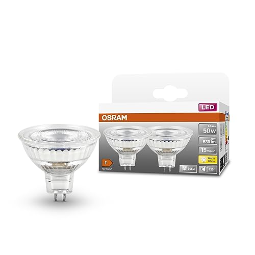 OSRAM LED SPOT MR16 GL 50 Niedervolt-LED-Reflektorlampe, Sockel GU5; 3, Doppelpack, 6,5W, 630lm, 2700K, warmweißes Licht, sehr geringer Energieverbrauch, lange Lebensdauer, keine Aufwärmzeit