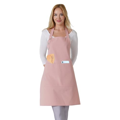 TOSHE Küchenschürze, wassertropfenresistent, Baumwollschürze mit verstellbaren Schürzen für Damen, mit Taschen, 10 Farboptionen, Kochschürze (Puderrosa)