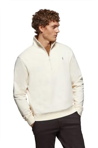 Polo Club Herren Sweatshirt Beige ohne Kapuze und Reißverschluss - Pullover mit Half Zip - Sweatjacke 100% Baumwolle mit Reissverschluss - Gesticktem Logo