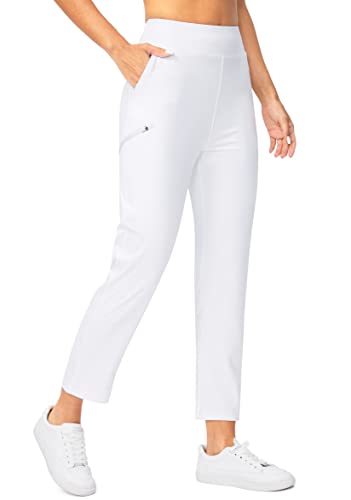 SANTINY Damen-Golfhose mit 3 Reißverschlusstaschen, 7/8 Stretch, hohe Taille, Knöchelhose für Damen, Reisen, Arbeit, Weiss/opulenter Garten, M