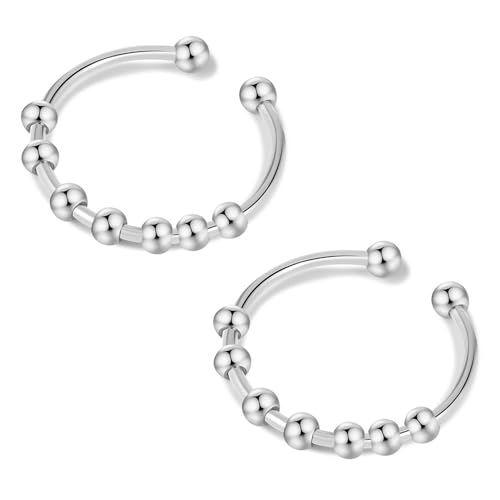 QZKJQDD Anxiety Ring Silber, Anti Stress Ring, Shade Anxiety Ring, Edelstahl Angst Ring, Stressring Silber Ringe, für Panikattacken Daumenring,Finger Stimmungsring, Frauen(Silber-2 Stück)