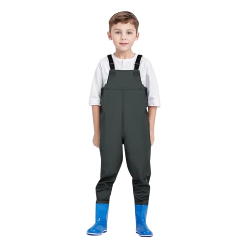 Wathose Kinder Wasserdicht mit Stiefel Kinderwathose Matschhose Jungen Anglerhose mit Stiefel Mädchen Regenhose mit Stiefeln Junior Hosenträger Matschhose Regenstiefel rutschfeste Sohle Gummistiefel